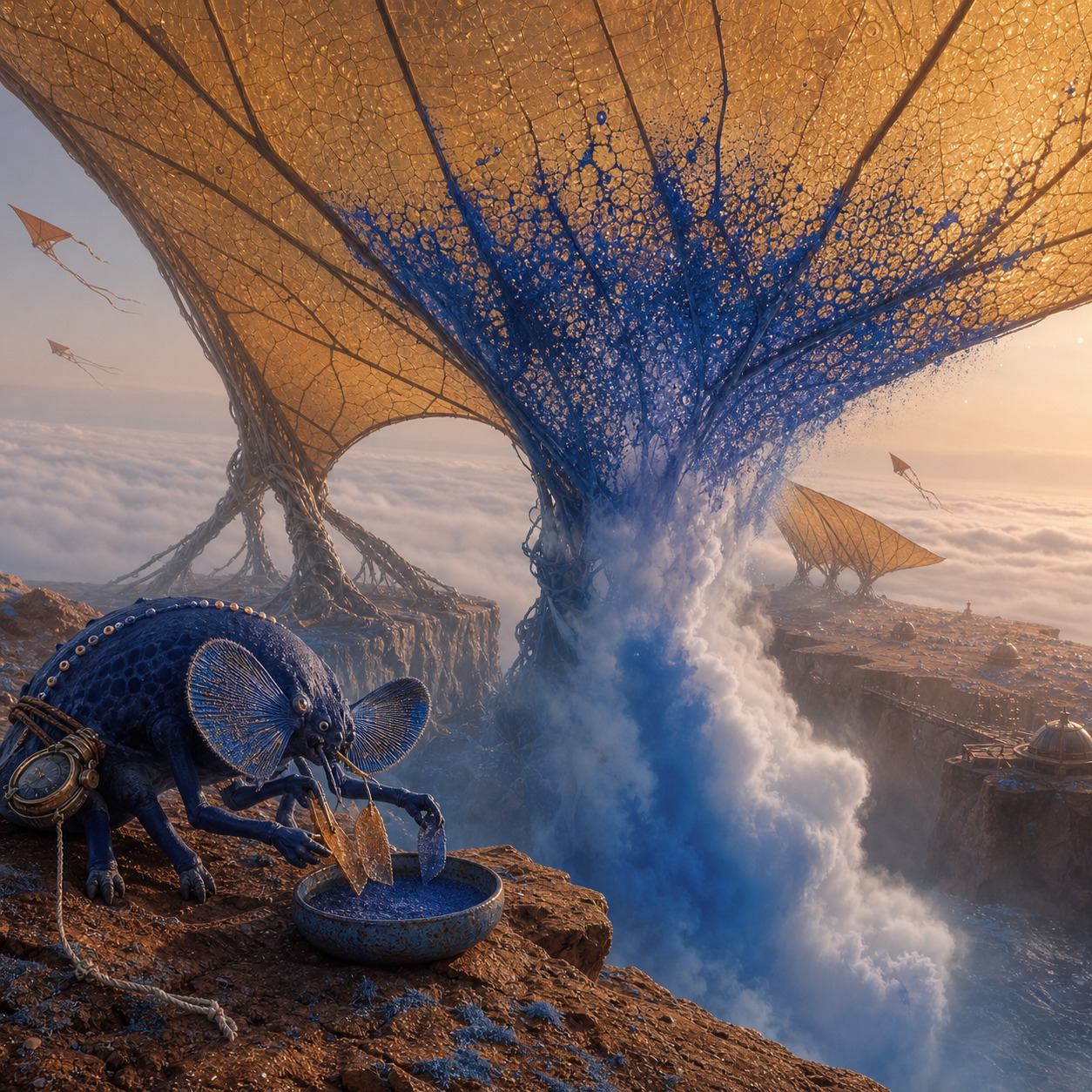 Cobalt mineral dust rises through a fog cataract