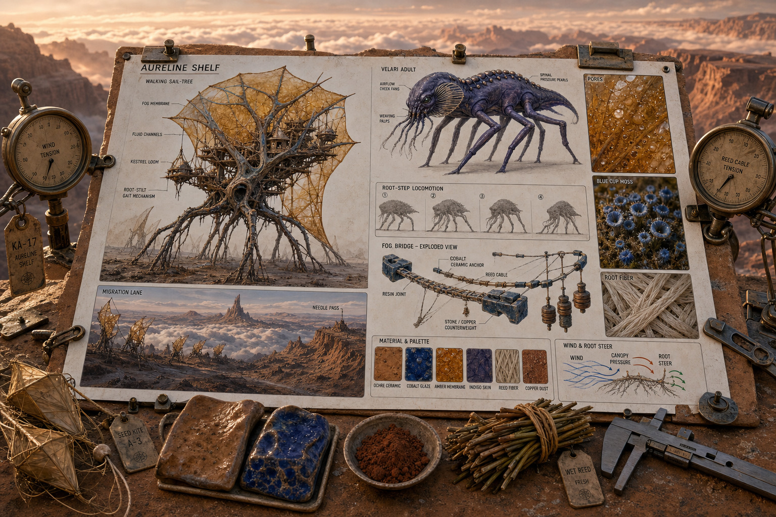 Scientific field chart of Aureline Shelf, the Velari, and a walking sail-tree