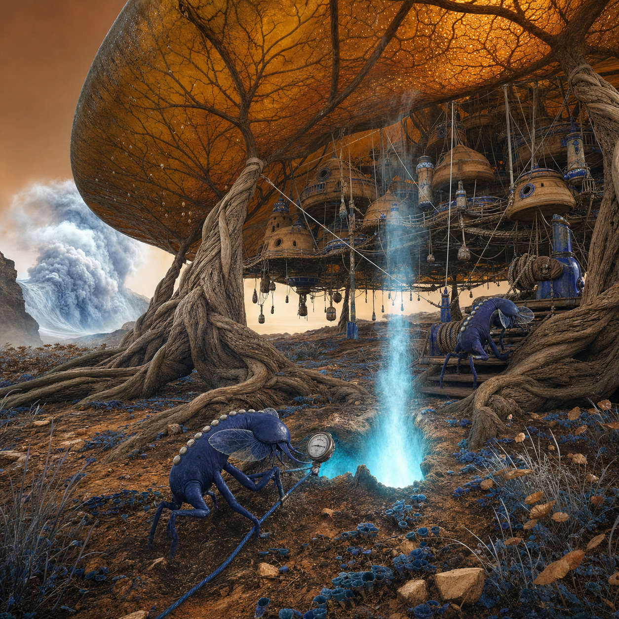 Orra anchors around the cyan spring and shelters Kestrel Loom